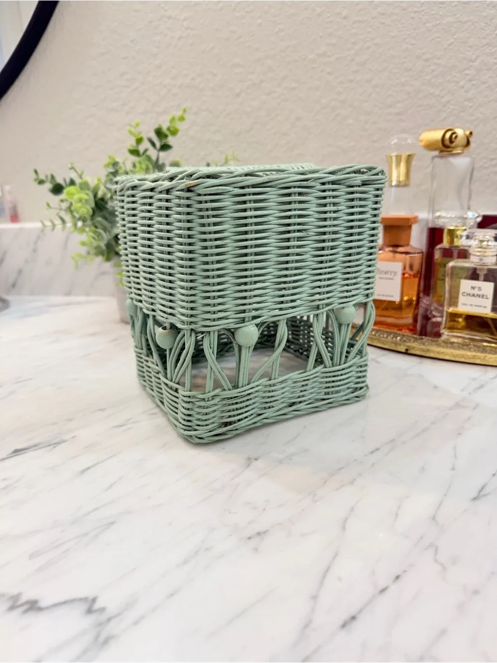 Vintage 1970s Mint Wicker Tissue Box Cover – Boho Handwoven